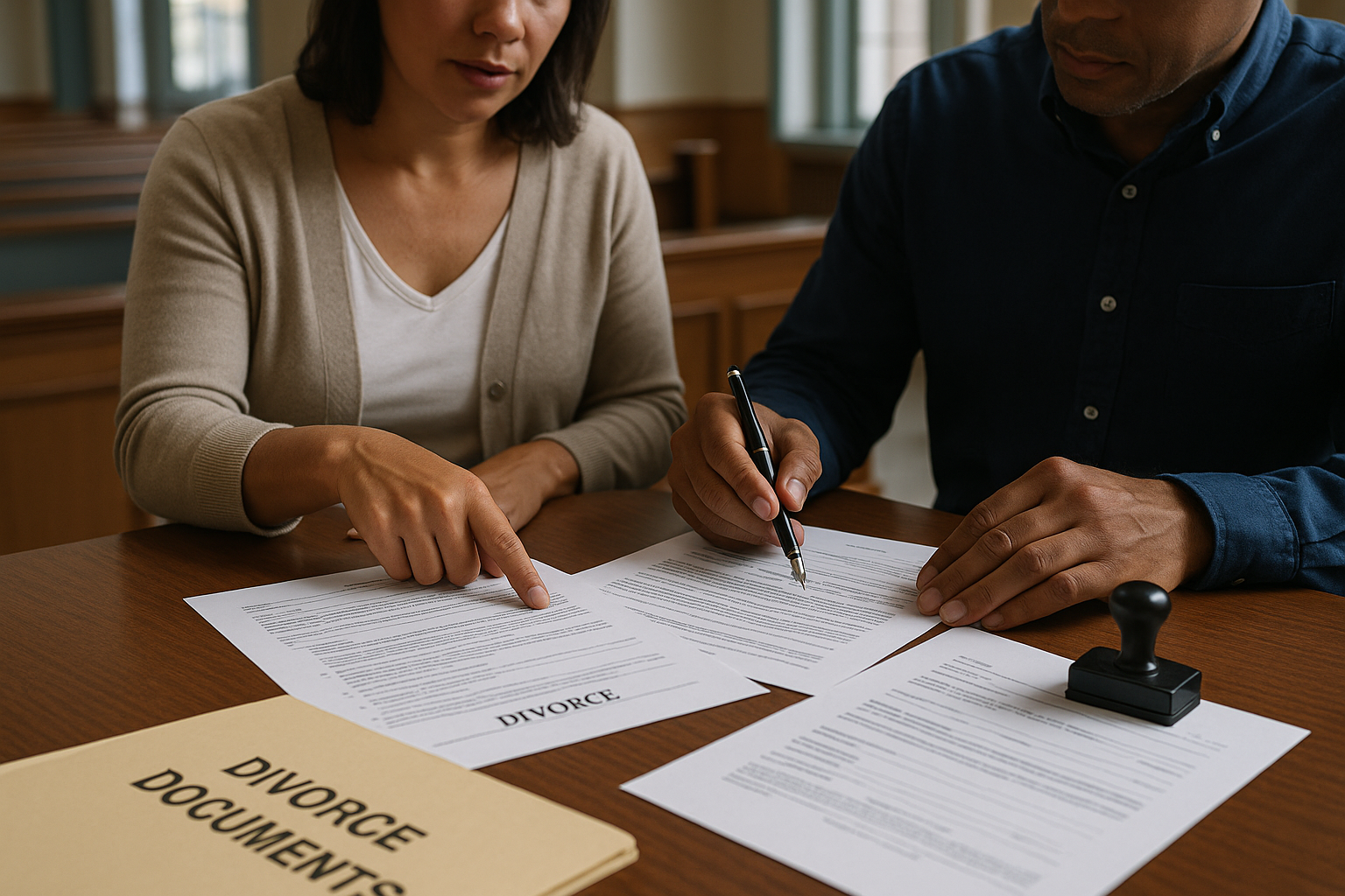 Forms You Need for an Uncontested Divorce in Connecticut shown on a courthouse table with spouses reviewing documents and a notary stamp nearby.