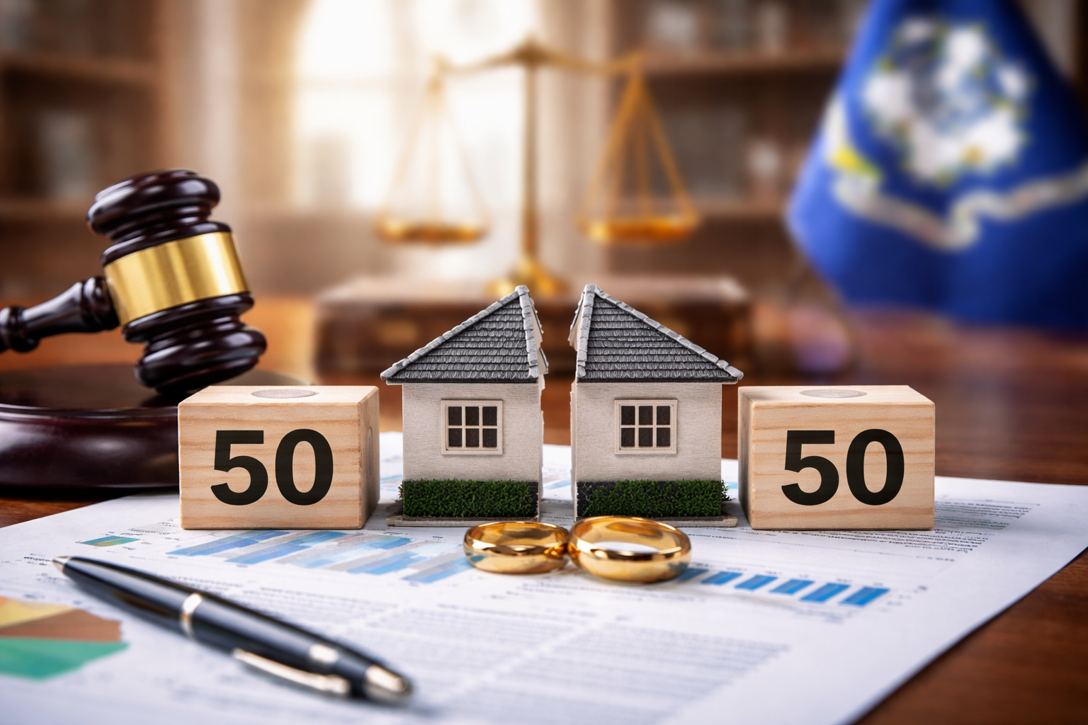 Is Everything Split 50/50 in Connecticut Divorce Court concept image showing a gavel, scales of justice, wedding rings, and a house divided in half inside a courtroom setting.