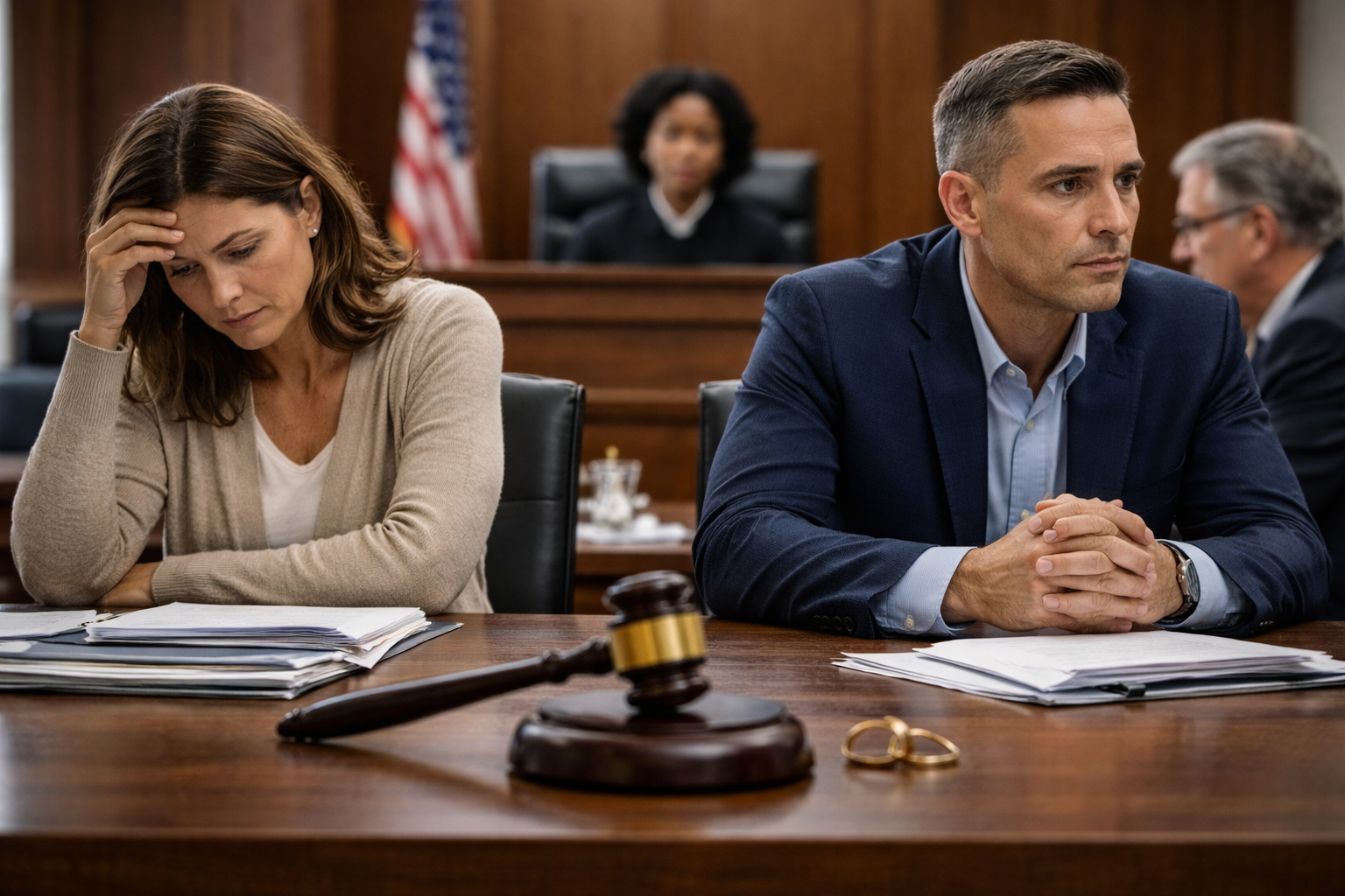 Should You Take Your Connecticut Divorce Case to Trial? courtroom scene showing spouses and attorneys during a divorce hearing